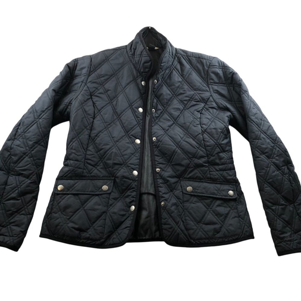 Eddie Bauer Womens Quilted Jacket Medium Black Snap Outdoors Winter Pockets Y2K